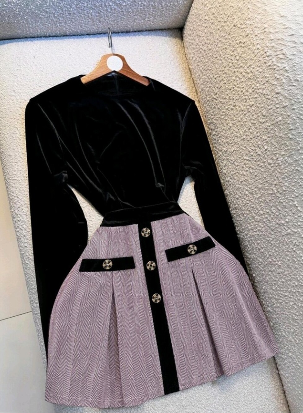 Franclia New Vintage Elegant Date & Commute Black Velvet Long Sleeve Patchwork